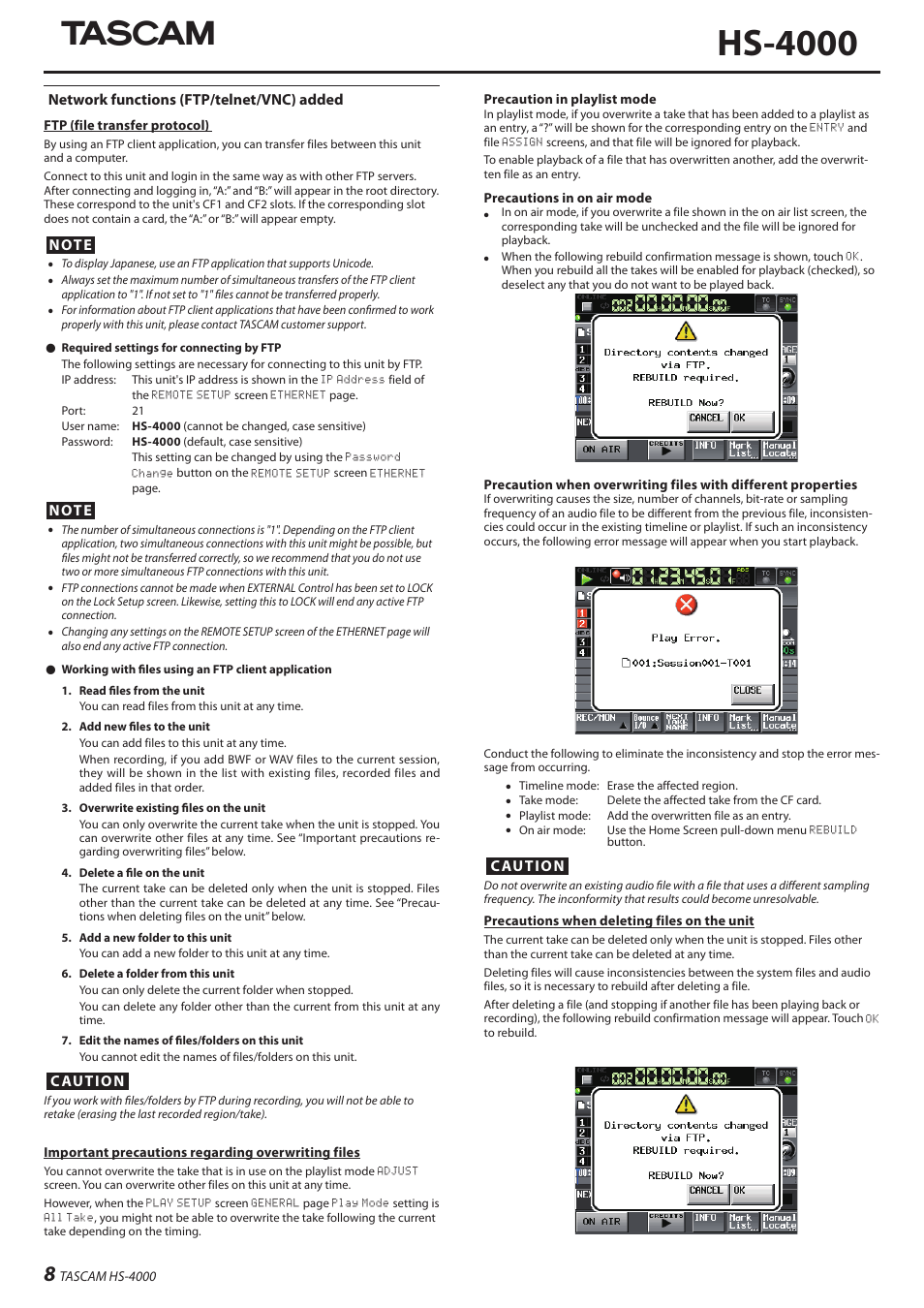 Hs-4000, Network functions (ftp/telnet/vnc) added, Caution | Teac HS-4000 Addendum V1.22 User Manual | Page 8 / 12