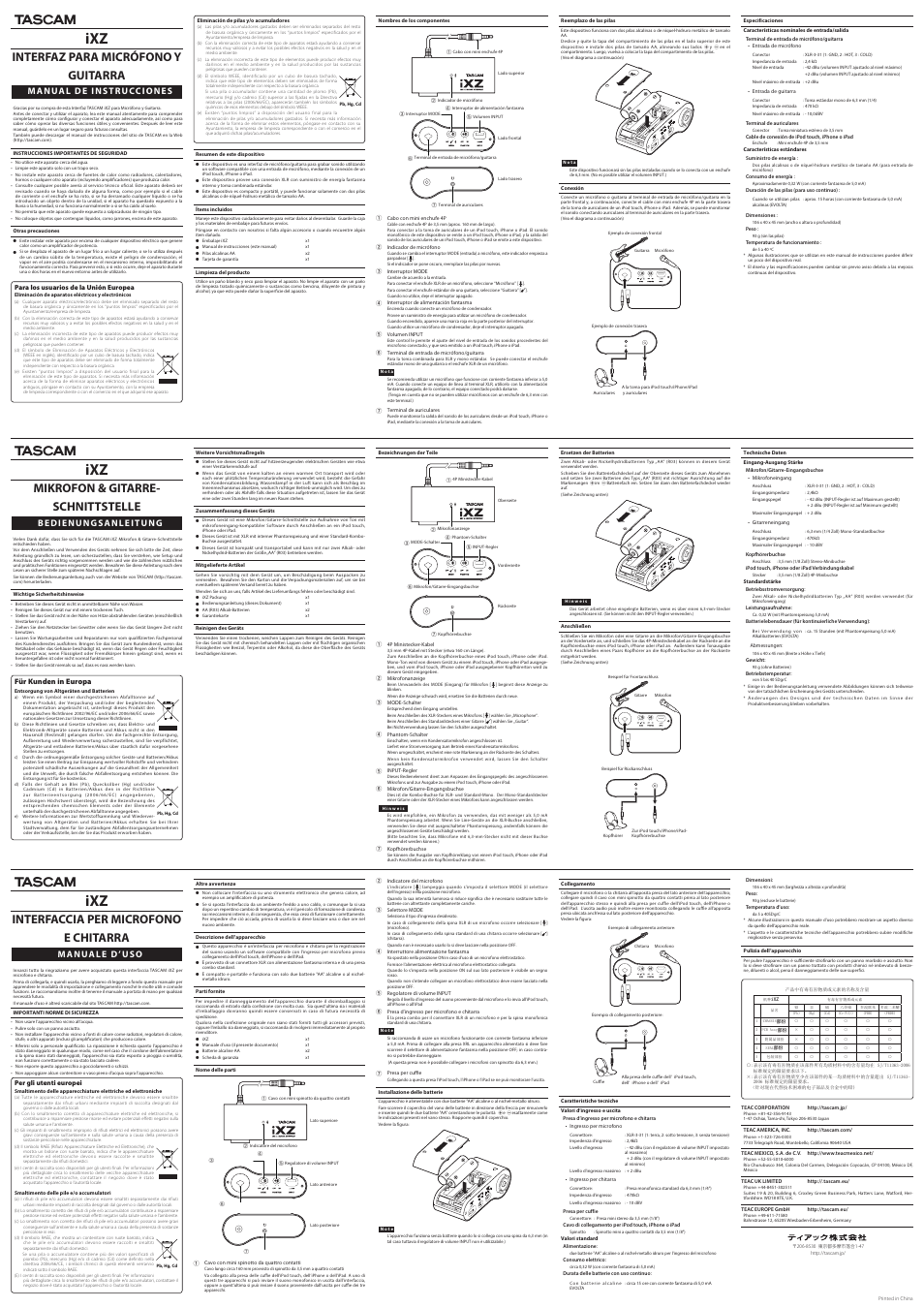 Interfaz para micrófono y guitarra, Mikrofon & gitarre- schnittstelle, Interfaccia per microfono e chitarra | Manual de instrucciones, Bedienungsanleitung, Manuale d ’uso, Für kunden in europa | Teac IXZ User Manual | Page 2 / 2