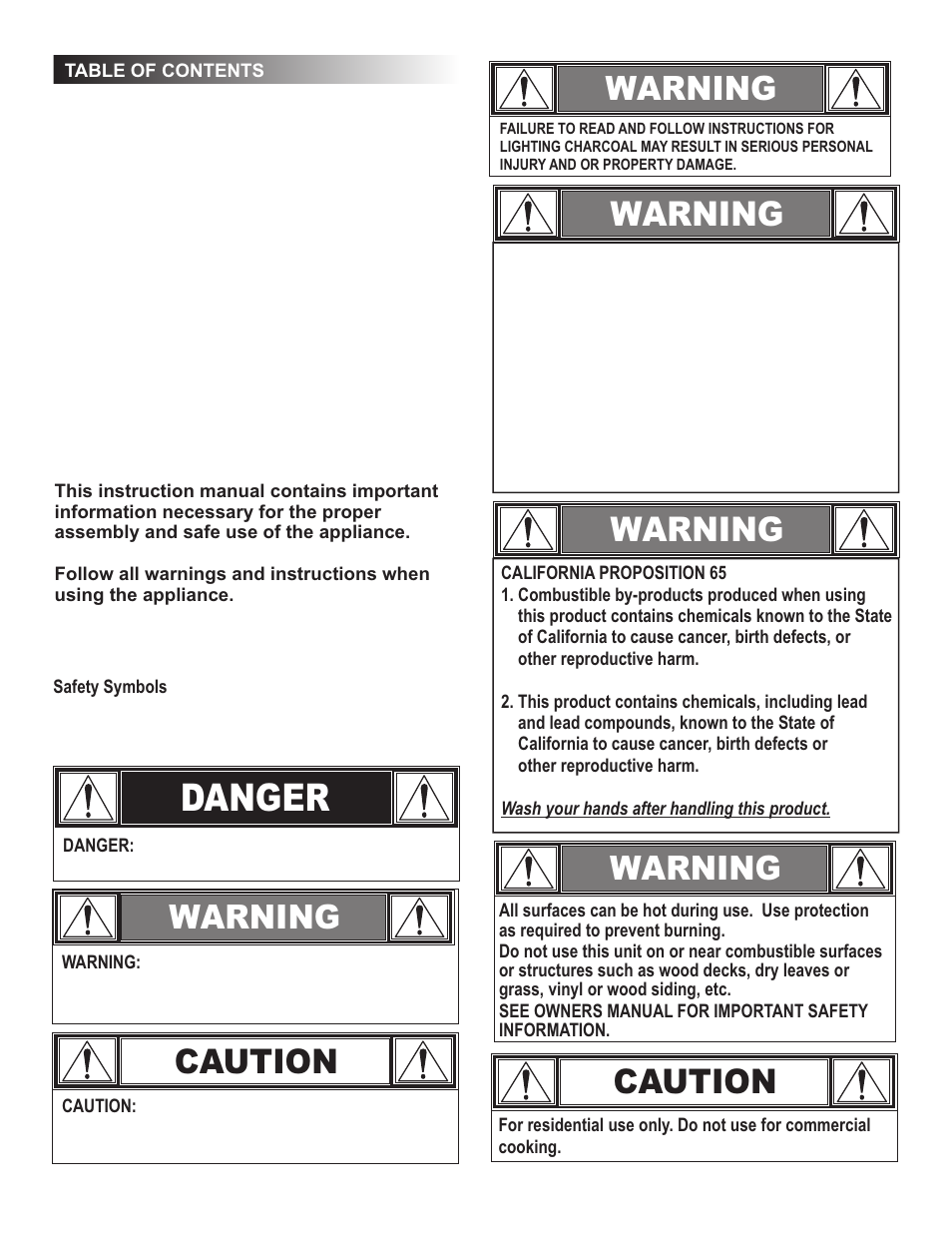 Danger, Caution, Warning | Char-Broil 11301672 User Manual | Page 2 / 20