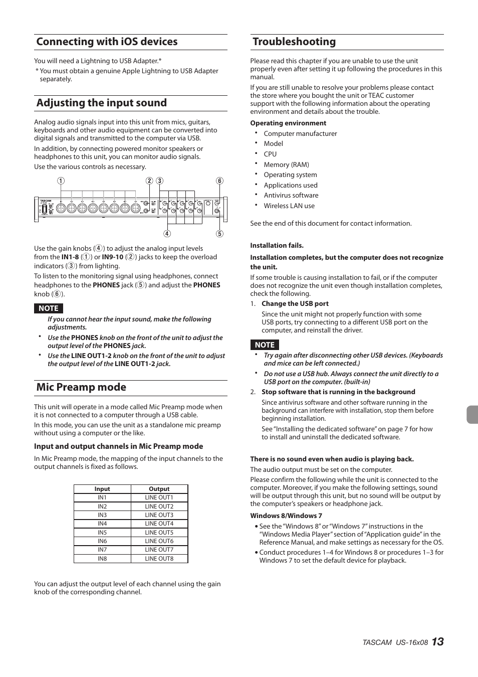 Connecting with ios devices, Adjusting the input sound, Mic preamp mode | Troubleshooting, 13 connecting with ios devices | Teac US-16X08 User Manual | Page 13 / 92