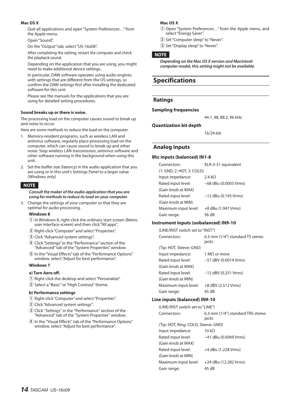 Specifications, Ratings, Analog inputs | Ratings analog inputs | Teac US-16X08 User Manual | Page 14 / 92