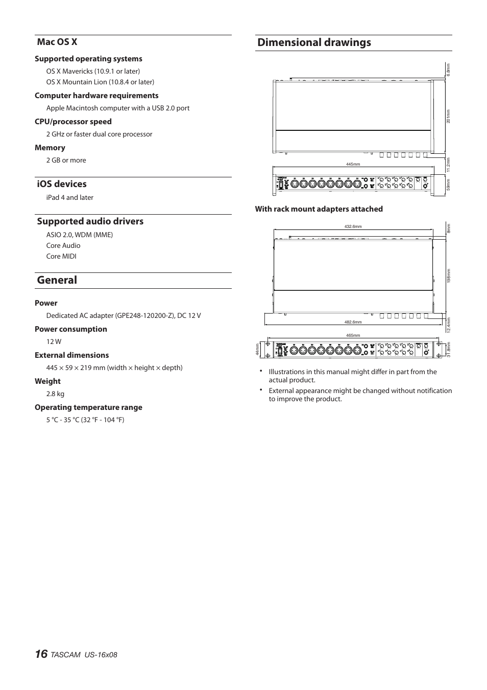 Mac os x, Ios devices, Supported audio drivers | General, Dimensional drawings, Ios devices supported audio drivers, General dimensional drawings | Teac US-16X08 User Manual | Page 16 / 92