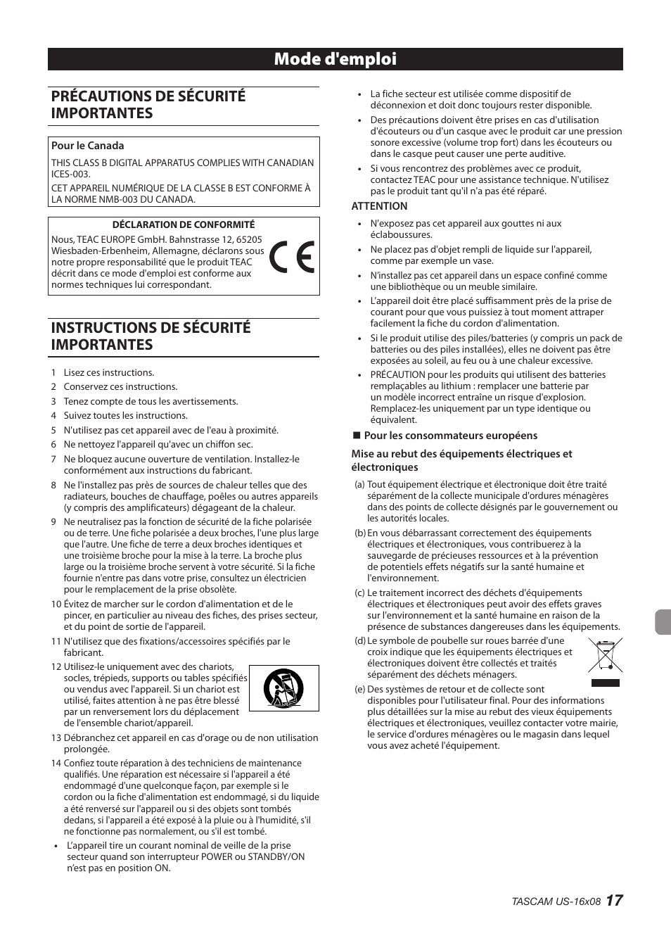 Français, Précautions de sécurité importantes, Instructions de sécurité importantes | Mode d'emploi | Teac US-16X08 User Manual | Page 17 / 92