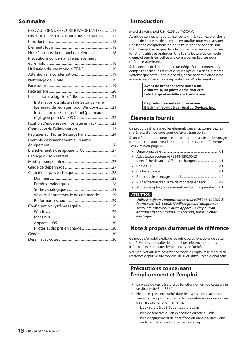 Introduction, Éléments fournis, Note à propos du manuel de référence | Précautions concernant l'emplacement et l'emploi, Sommaire | Teac US-16X08 User Manual | Page 18 / 92