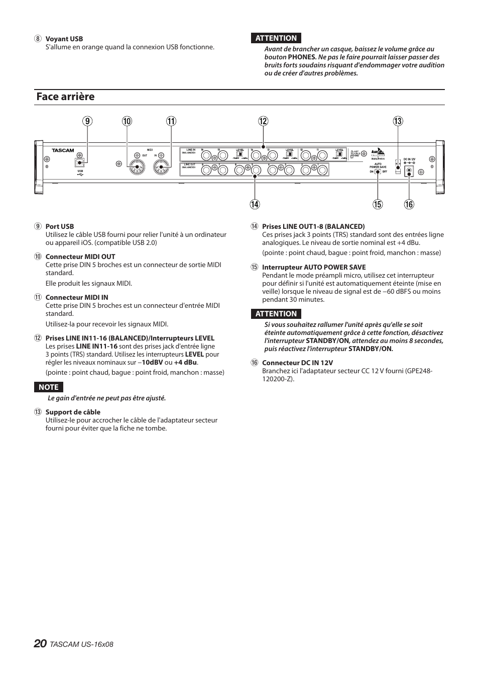 Face arrière | Teac US-16X08 User Manual | Page 20 / 92