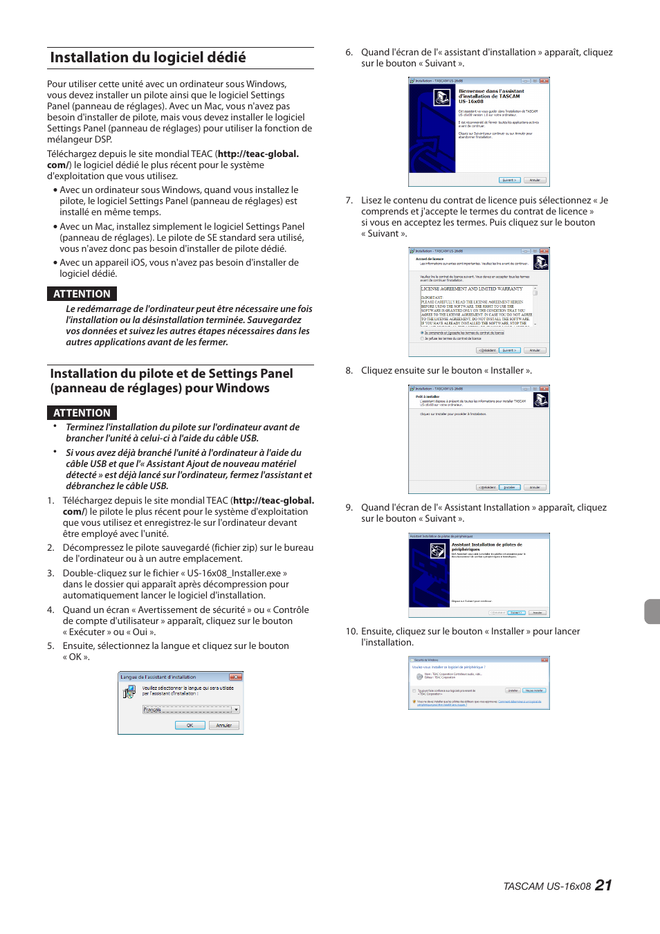 Installation du logiciel dédié, Installation du pilote et de settings panel, Panneau de réglages) pour windows | 21 installation du logiciel dédié | Teac US-16X08 User Manual | Page 21 / 92
