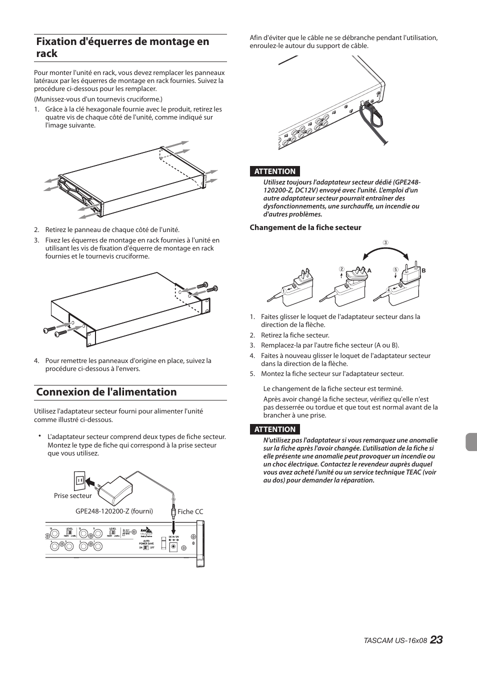 Fixation d'équerres de montage en rack, Connexion de l'alimentation, 23 fixation d'équerres de montage en rack | Teac US-16X08 User Manual | Page 23 / 92