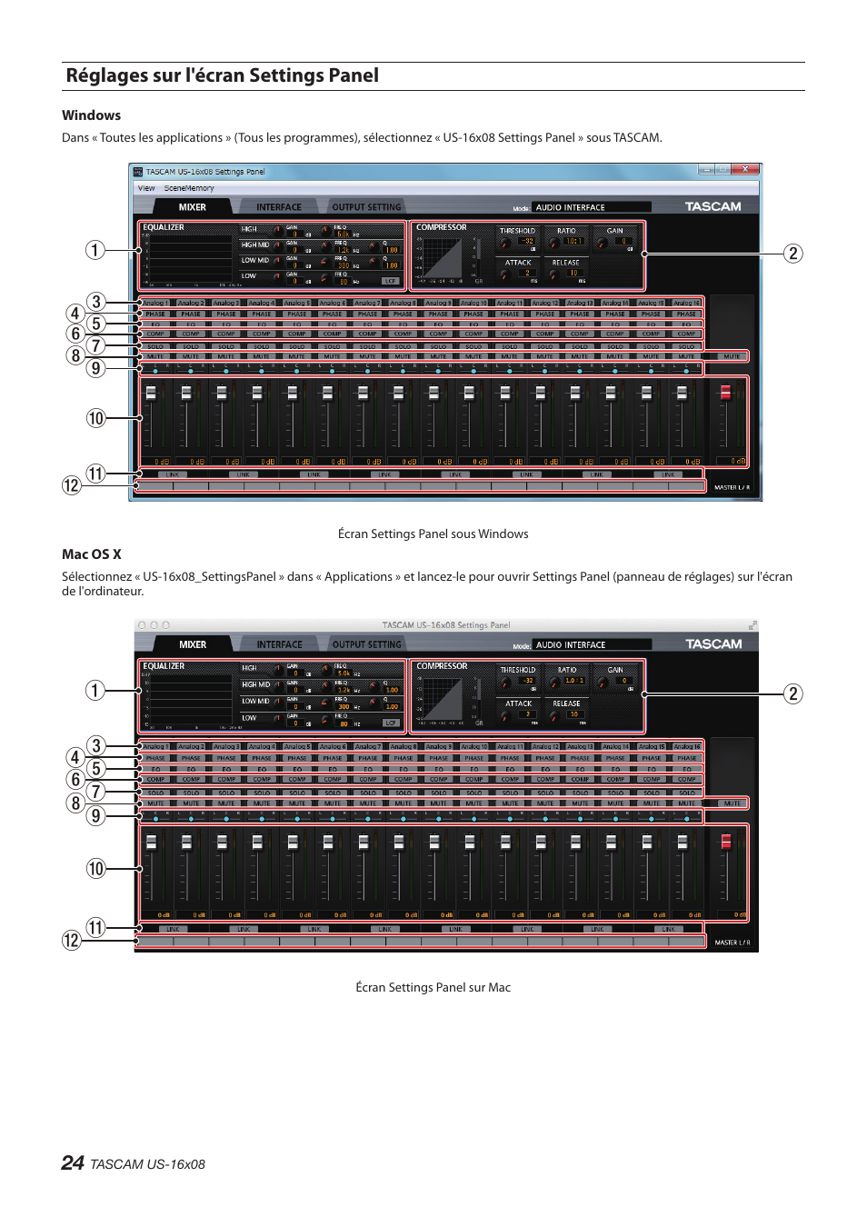 Réglages sur l'écran settings panel | Teac US-16X08 User Manual | Page 24 / 92