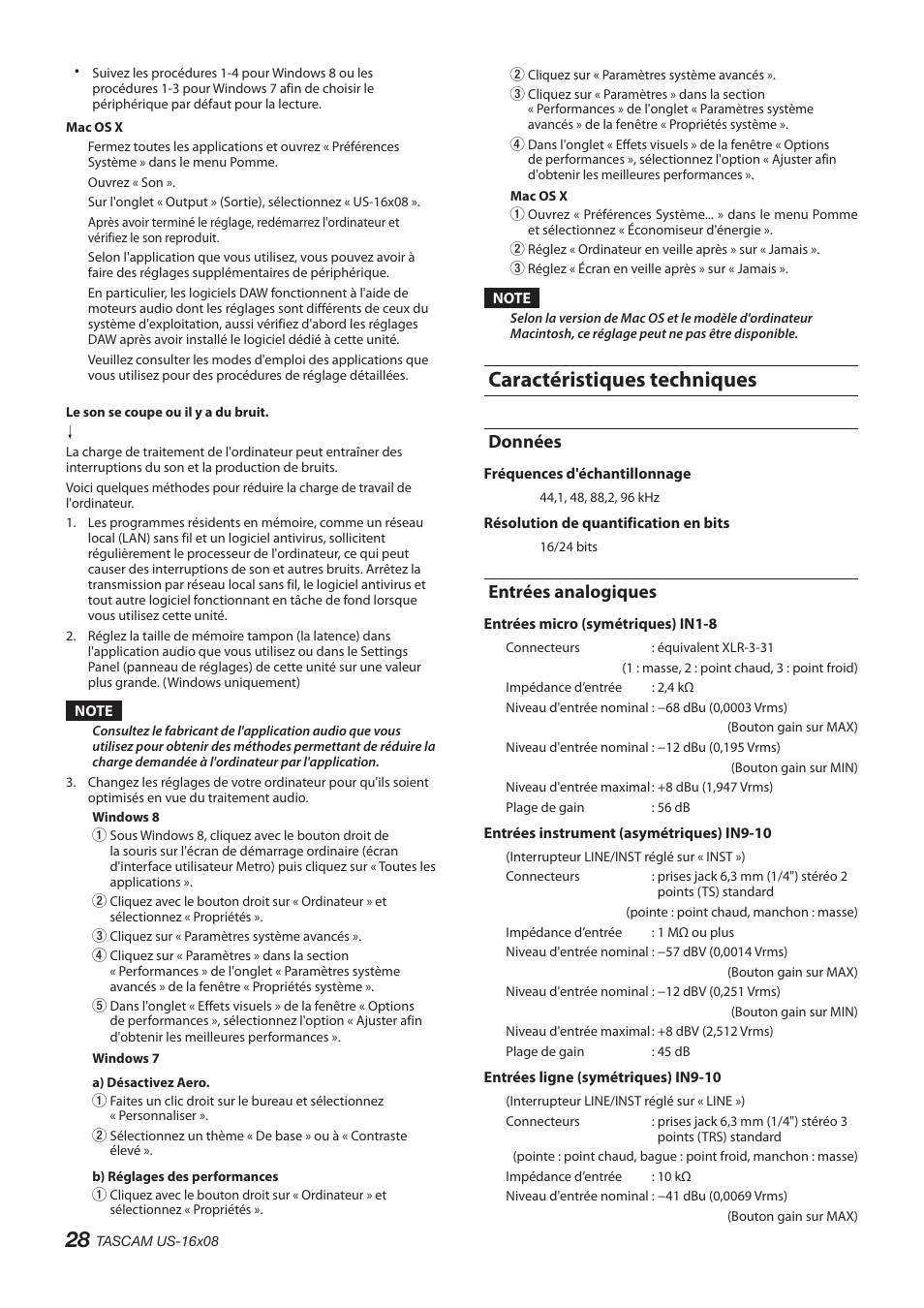 Caractéristiques techniques, Données, Entrées analogiques | Données entrées analogiques | Teac US-16X08 User Manual | Page 28 / 92