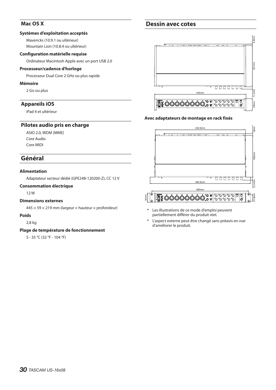 Mac os x, Appareils ios, Pilotes audio pris en charge | Général, Dessin avec cotes, Général dessin avec cotes | Teac US-16X08 User Manual | Page 30 / 92