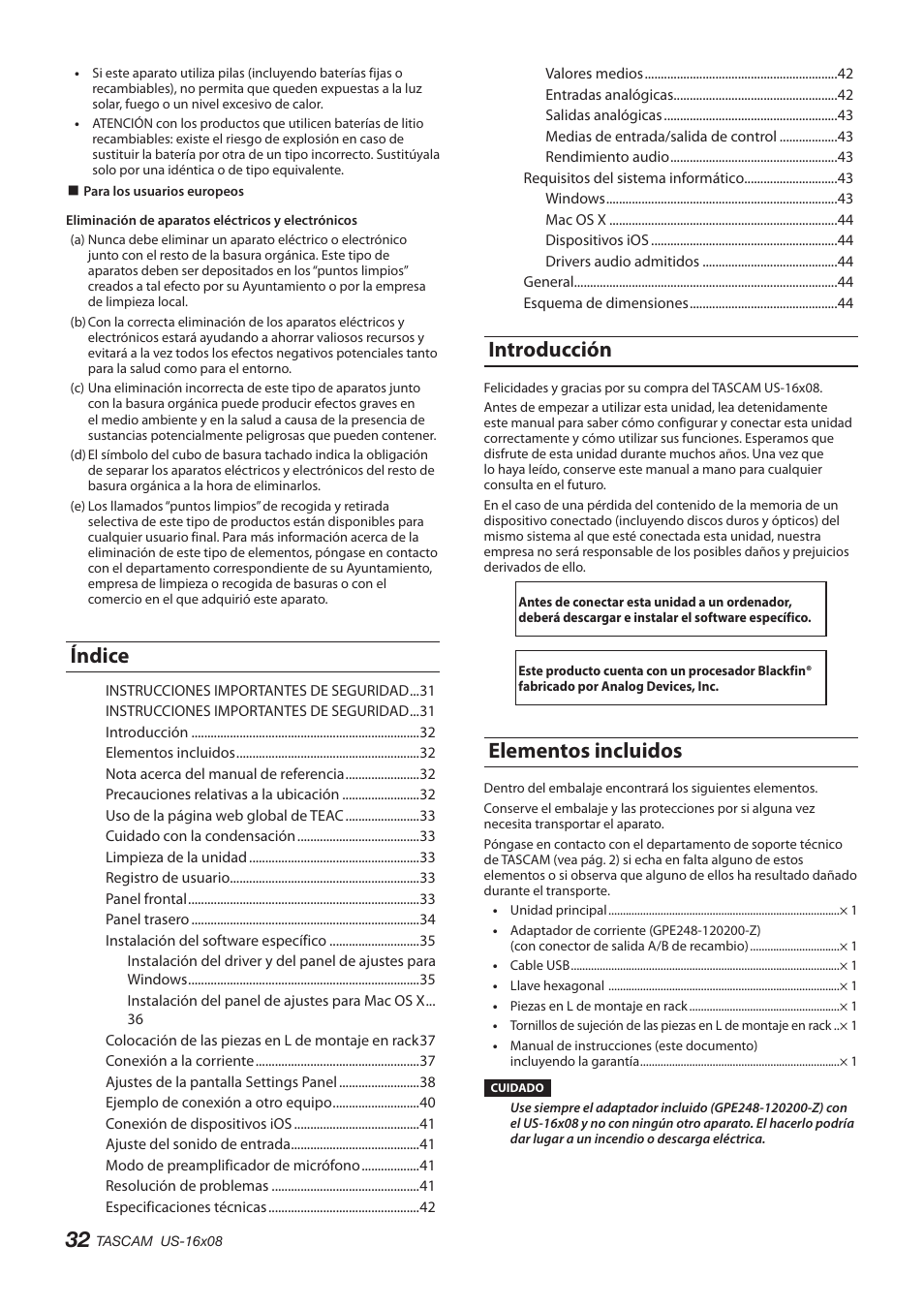 Elementos incluidos, Introducción, Nota acerca del manual de referencia | Precauciones relativas a la ubicación, Índice | Teac US-16X08 User Manual | Page 32 / 92