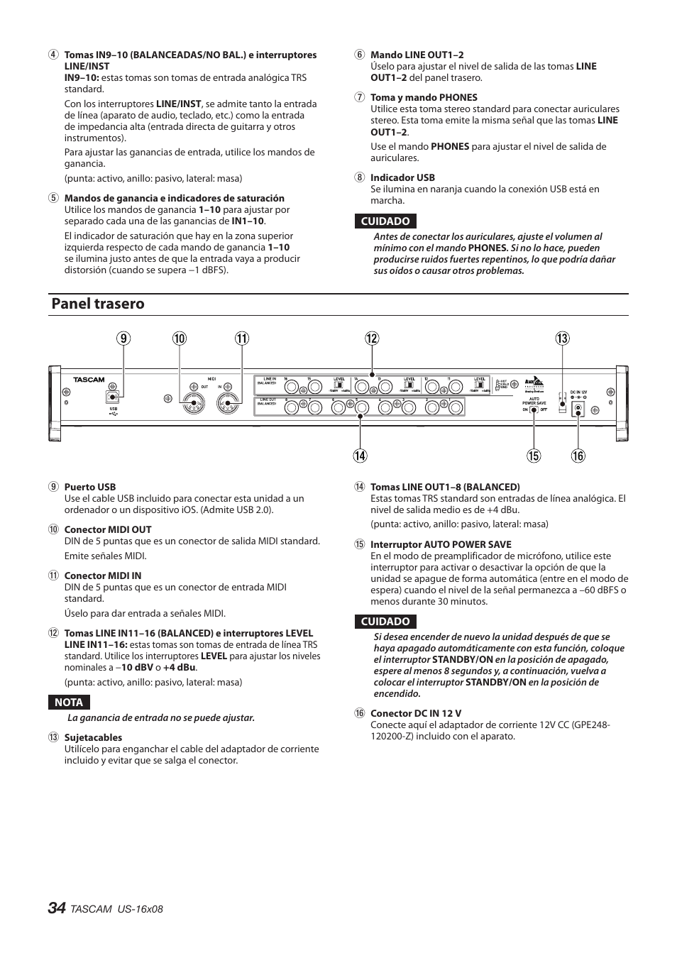 Panel trasero | Teac US-16X08 User Manual | Page 34 / 92