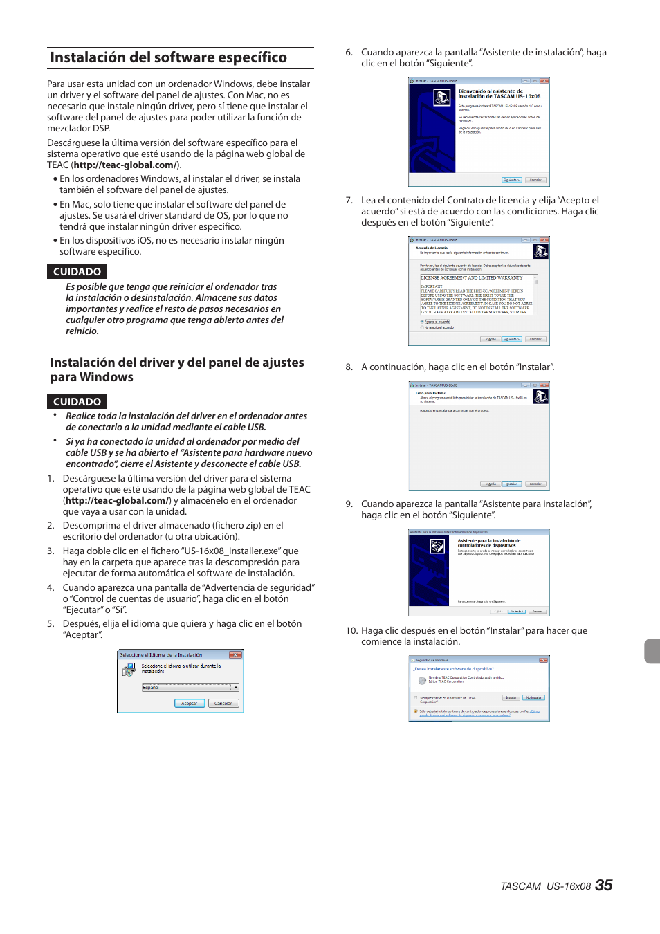 Instalación del software específico, Instalación del driver y del panel de ajustes para, Windows | 35 instalación del software específico | Teac US-16X08 User Manual | Page 35 / 92