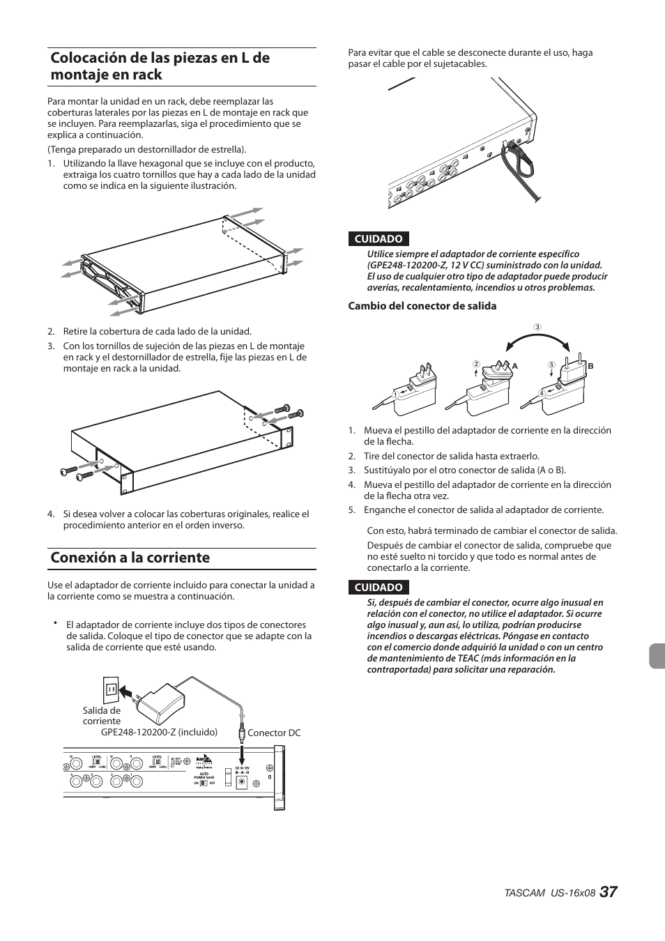 Colocación de las piezas en l de montaje en rack, Conexión a la corriente | Teac US-16X08 User Manual | Page 37 / 92