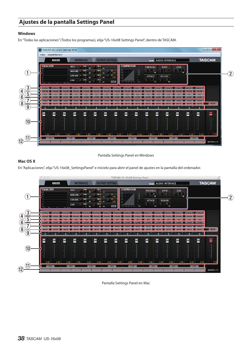 Ajustes de la pantalla settings panel | Teac US-16X08 User Manual | Page 38 / 92