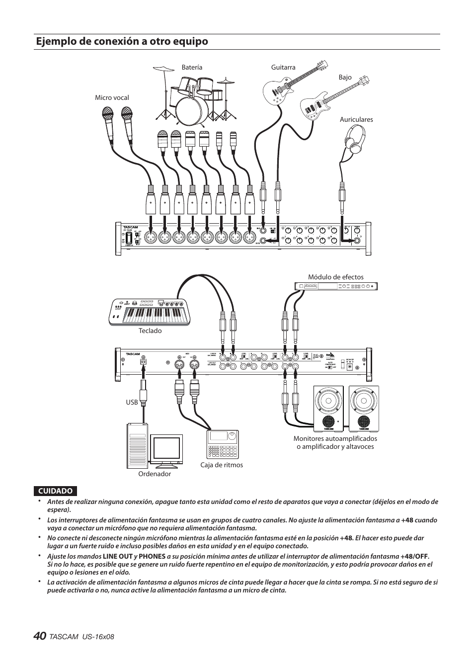 Ejemplo de conexión a otro equipo | Teac US-16X08 User Manual | Page 40 / 92