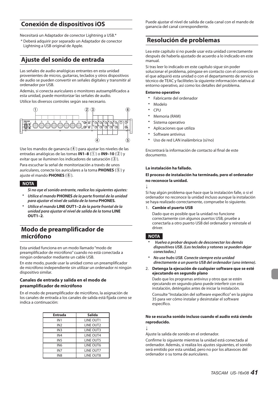 Ajuste del sonido de entrada, Conexión de dispositivos ios, Modo de preamplificador de micrófono | Resolución de problemas, 41 conexión de dispositivos ios | Teac US-16X08 User Manual | Page 41 / 92