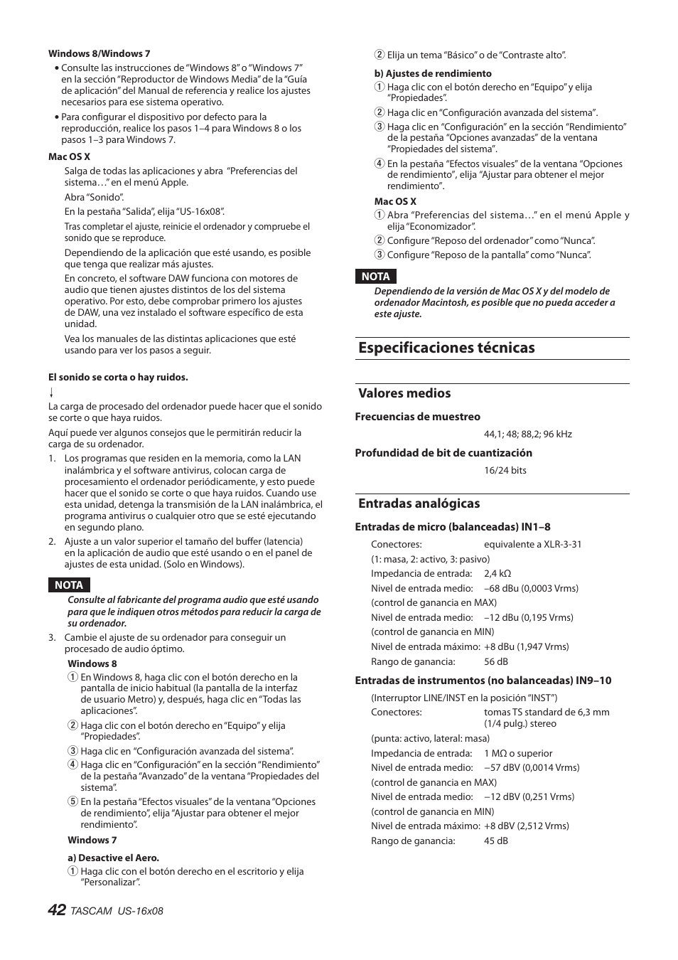 Especificaciones técnicas, Entradas analógicas, Valores medios | Valores medios entradas analógicas | Teac US-16X08 User Manual | Page 42 / 92