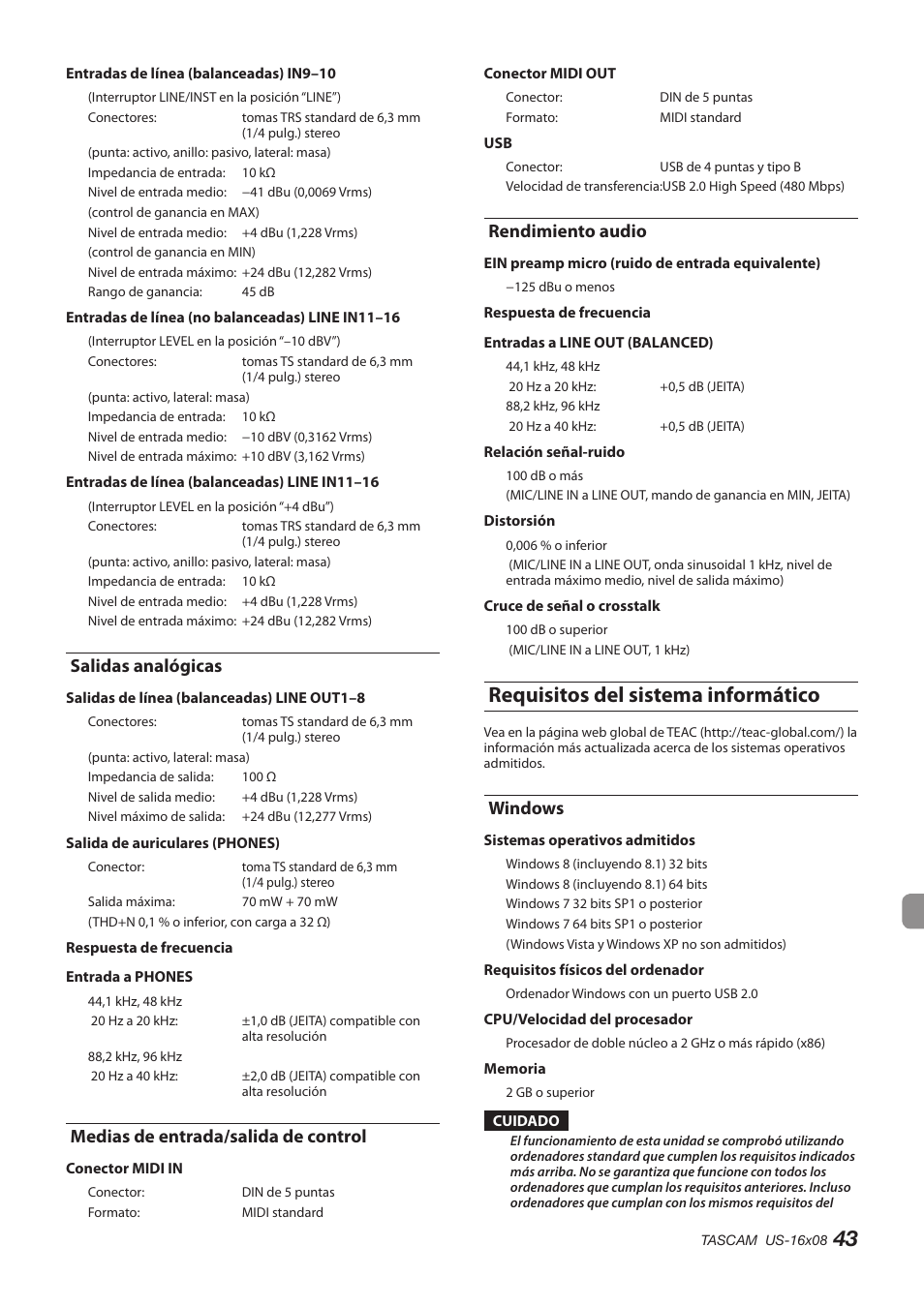 Medias de entrada/salida de control, Rendimiento audio, Salidas analógicas | Requisitos del sistema informático, Windows | Teac US-16X08 User Manual | Page 43 / 92