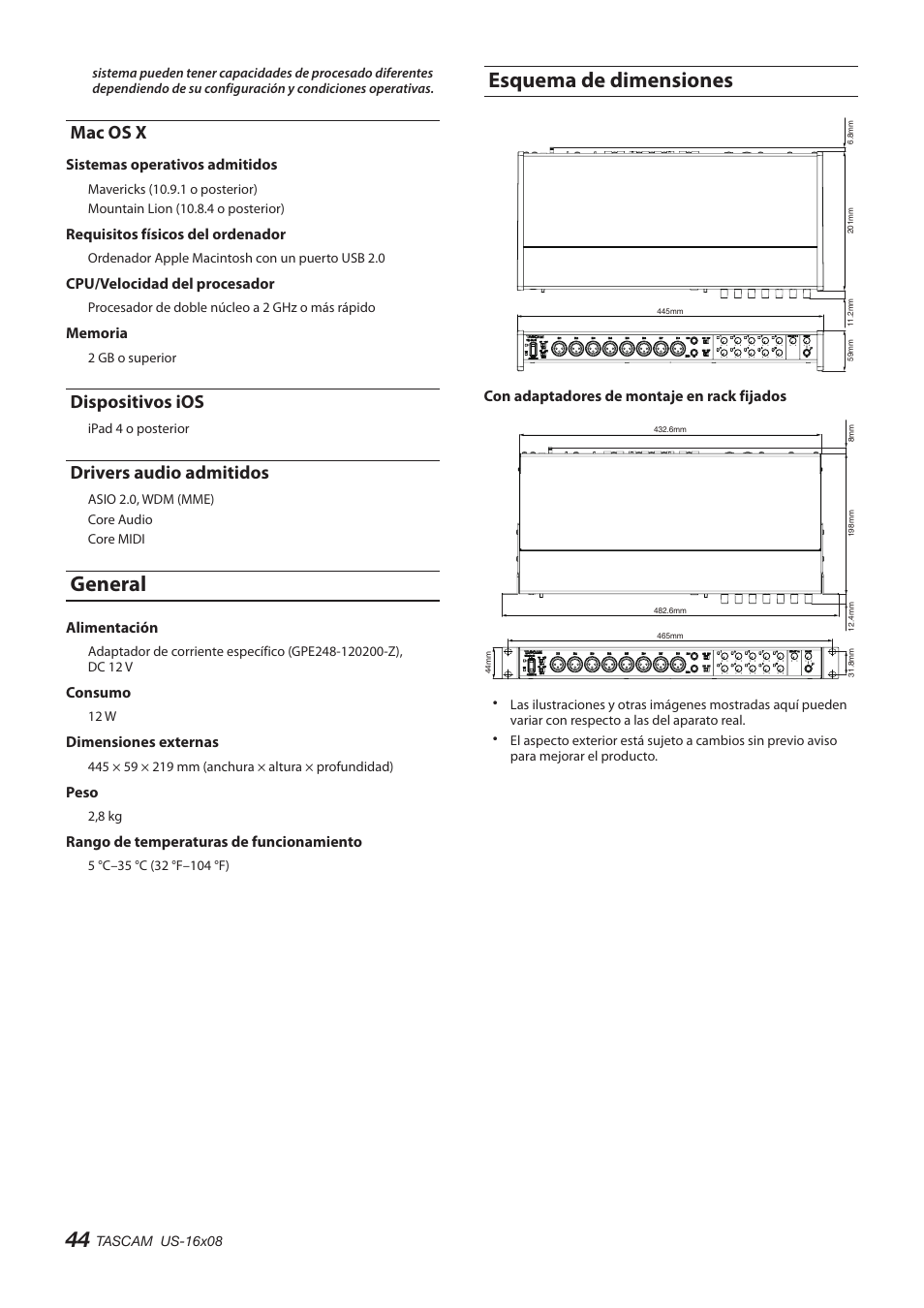 Dispositivos ios, Drivers audio admitidos, Mac os x | Esquema de dimensiones, General, Mac os x dispositivos ios drivers audio admitidos, General esquema de dimensiones | Teac US-16X08 User Manual | Page 44 / 92