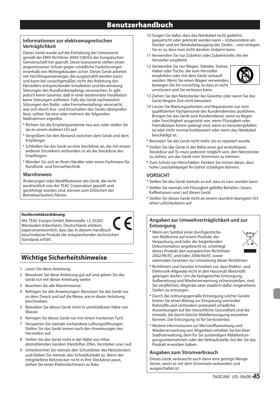 Deutsch, Wichtige sicherheitshinweise, Benutzerhandbuch | Teac US-16X08 User Manual | Page 45 / 92