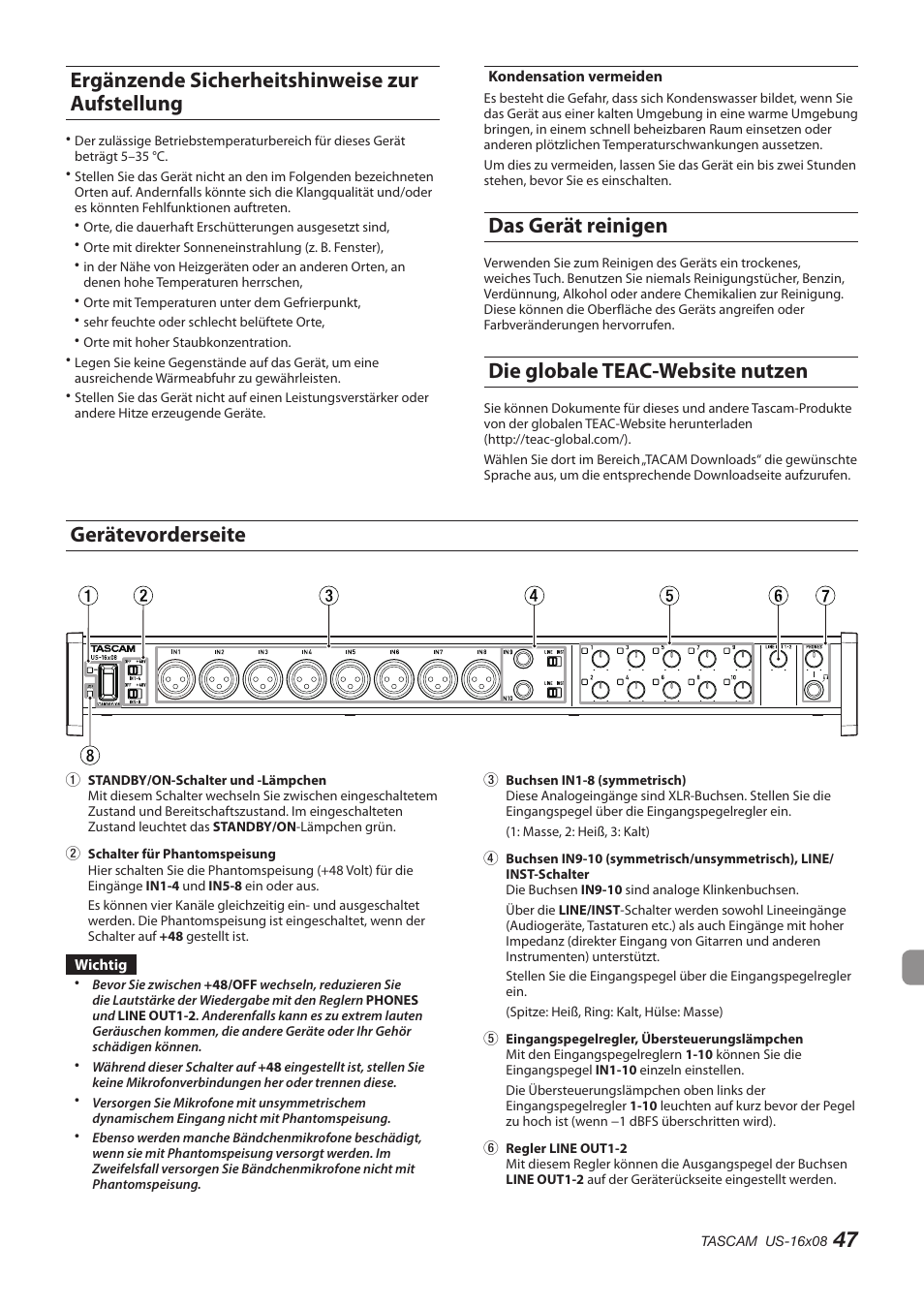 Das gerät reinigen, Benutzerregistrierung, Die globale teac-website nutzen | Gerätevorderseite, 47 gerätevorderseite, Ergänzende sicherheitshinweise zur aufstellung | Teac US-16X08 User Manual | Page 47 / 92