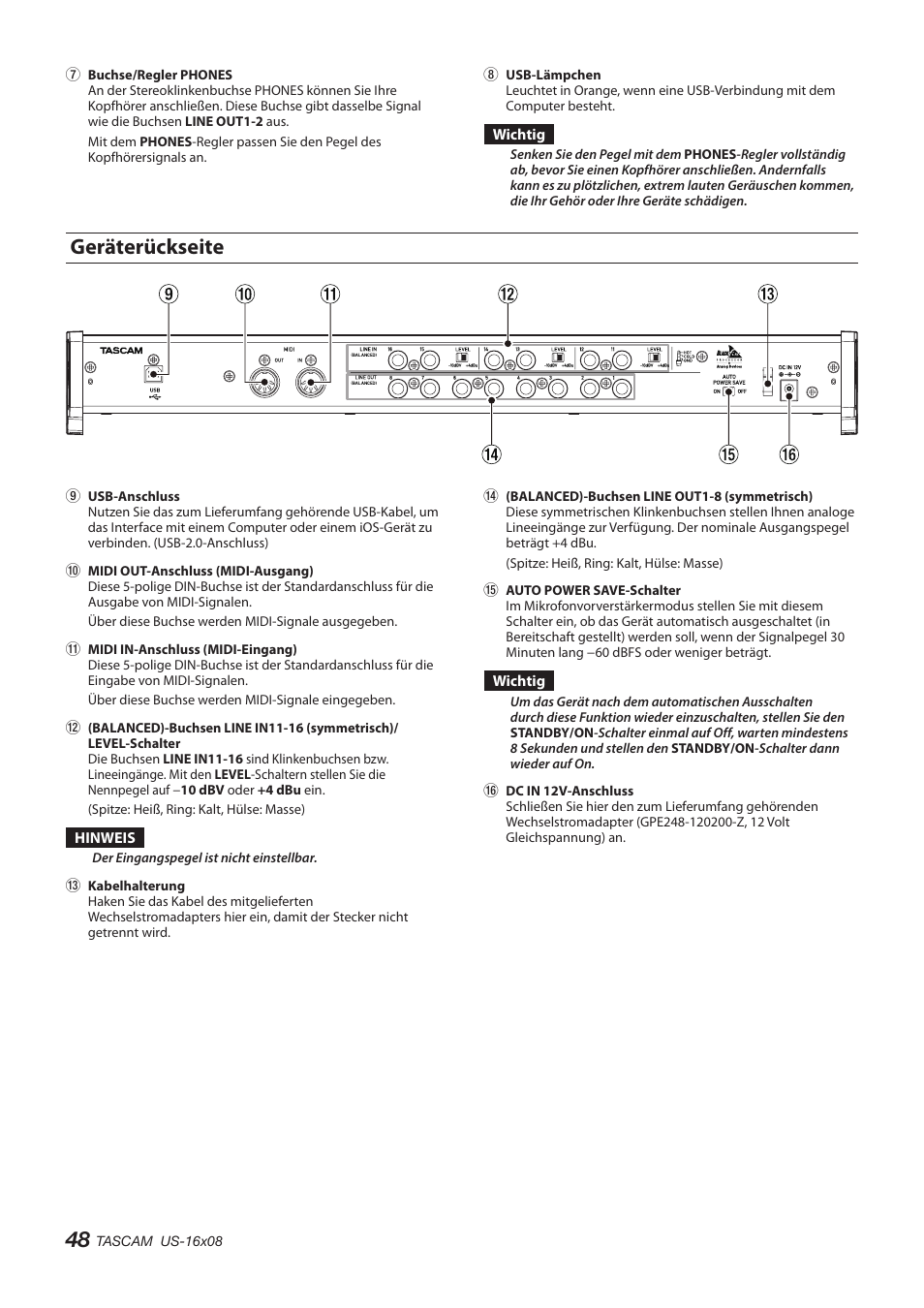 Geräterückseite | Teac US-16X08 User Manual | Page 48 / 92
