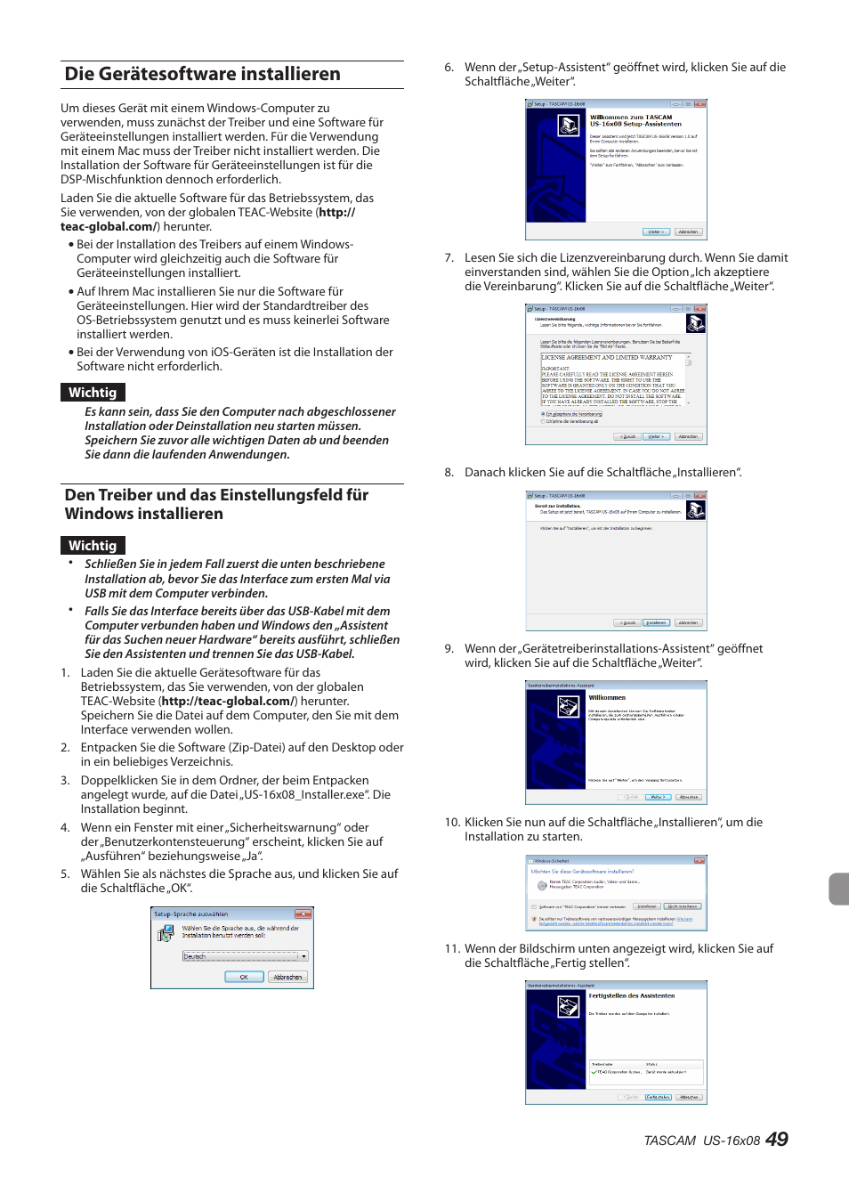 Die gerätesoftware installieren, Den treiber und das einstellungsfeld für, Windows installieren | 49 die gerätesoftware installieren | Teac US-16X08 User Manual | Page 49 / 92