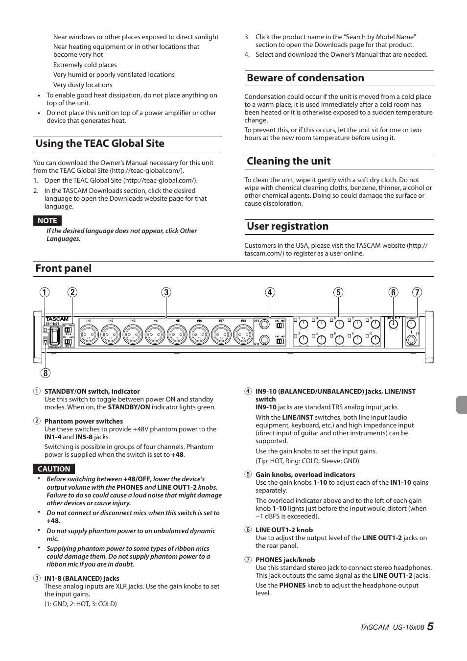 Using the teac global site, Beware of condensation, Cleaning the unit | User registration, Front panel, 5front panel | Teac US-16X08 User Manual | Page 5 / 92