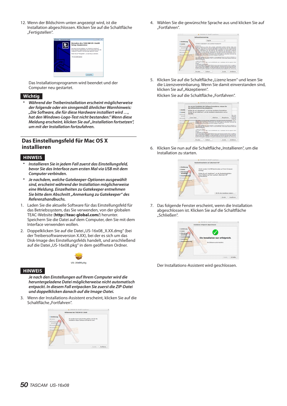 Das einstellungsfeld für mac os x installieren | Teac US-16X08 User Manual | Page 50 / 92
