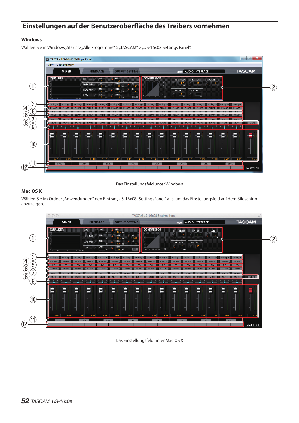 Einstellungen auf der benutzeroberfläche des, Treibers vornehmen | Teac US-16X08 User Manual | Page 52 / 92