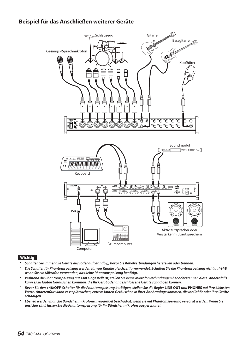 Beispiel für das anschließen weiterer geräte | Teac US-16X08 User Manual | Page 54 / 92