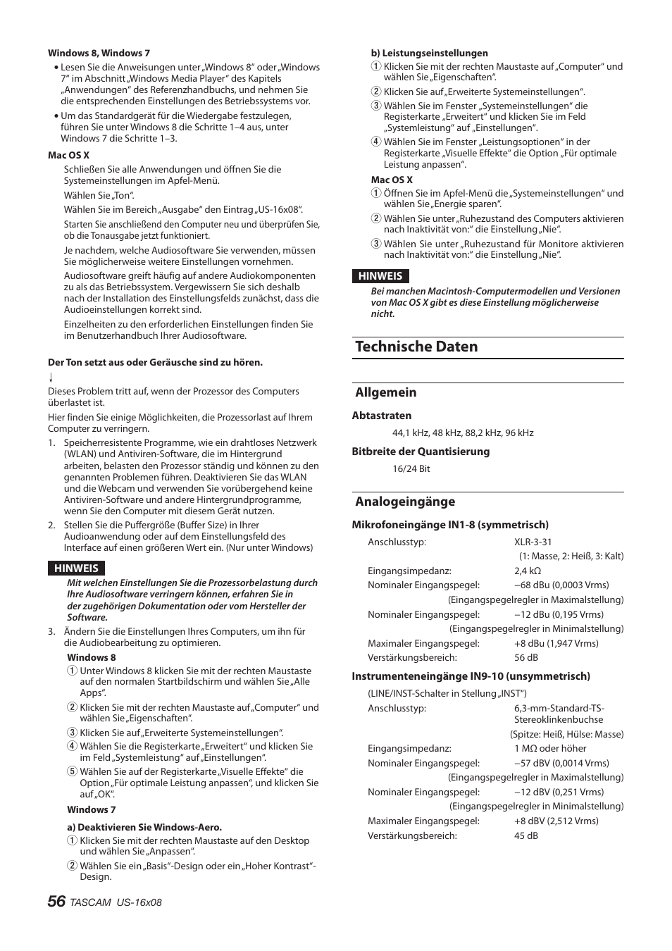 Technische daten, Allgemein, Analogeingänge | Allgemein analogeingänge | Teac US-16X08 User Manual | Page 56 / 92