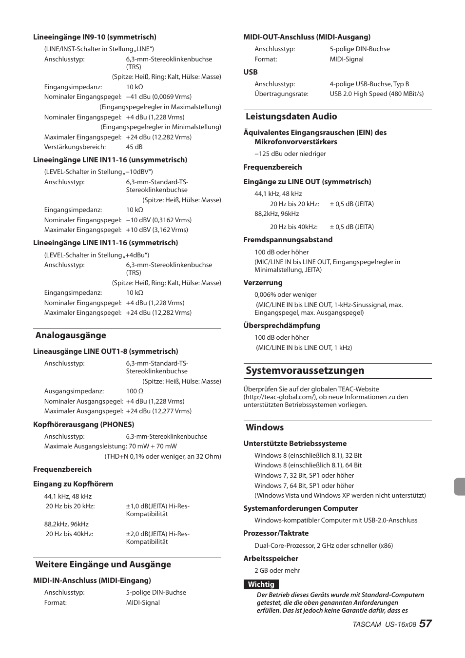 Analogausgänge, Weitere eingänge und ausgänge, Leistungsdaten audio | Systemvoraussetzungen, Windows | Teac US-16X08 User Manual | Page 57 / 92