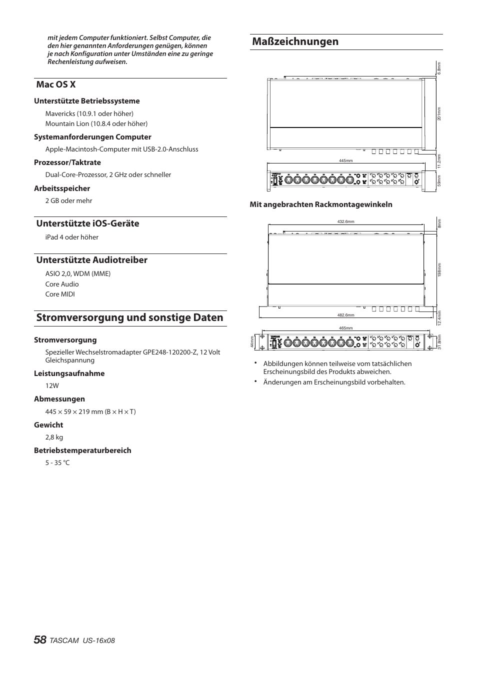 Mac os x, Unterstützte ios-geräte, Unterstützte audiotreiber | Stromversorgung und sonstige daten, Maßzeichnungen, Stromversorgung und sonstige daten maßzeichnungen | Teac US-16X08 User Manual | Page 58 / 92