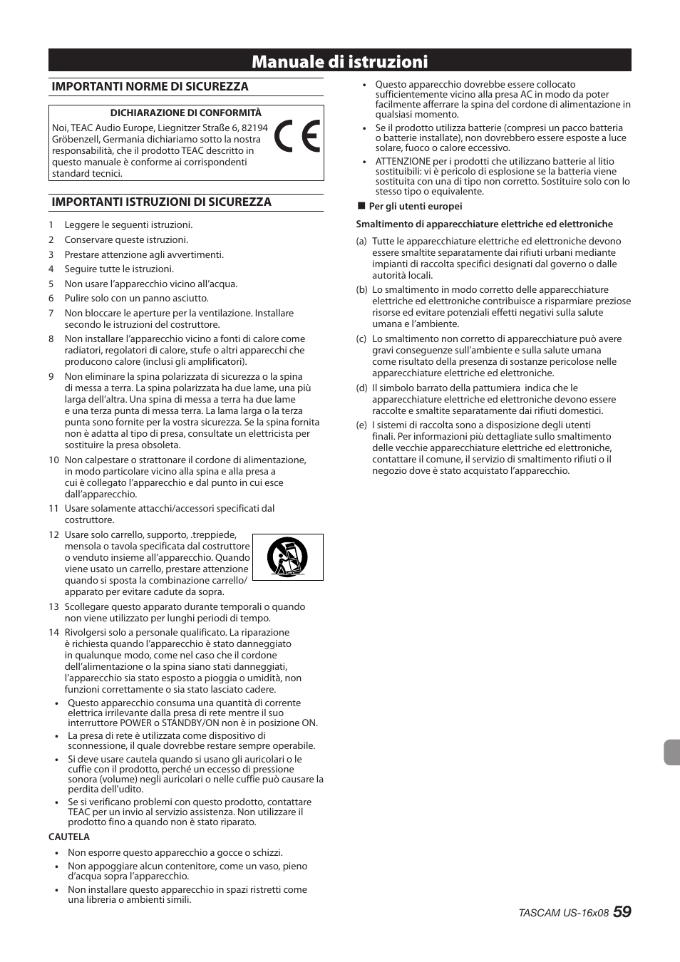 Italiano, Manuale di istruzioni | Teac US-16X08 User Manual | Page 59 / 92