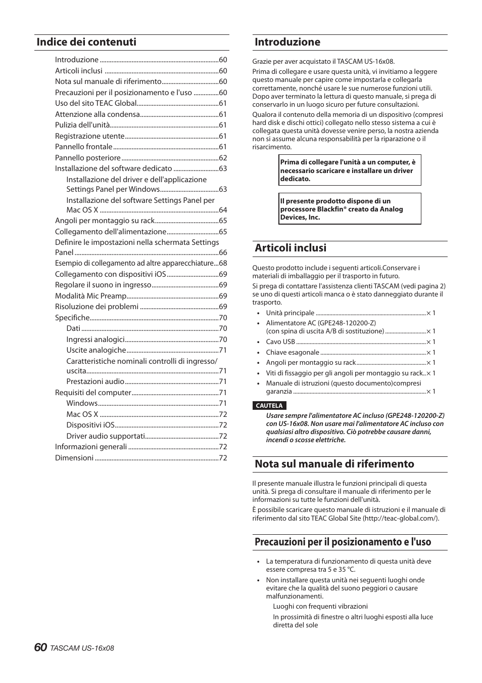 Introduzione, Articoli inclusi, Nota sul manuale di riferimento | Precauzioni per il posizionamento e l'uso, Indice dei contenuti | Teac US-16X08 User Manual | Page 60 / 92