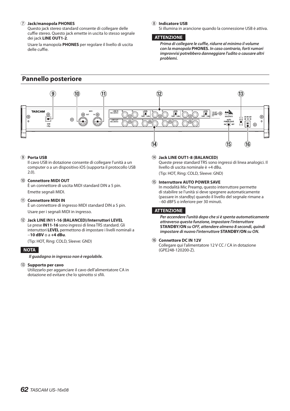 Pannello posteriore | Teac US-16X08 User Manual | Page 62 / 92