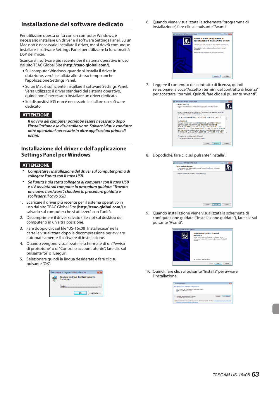 Installazione del software dedicato, Installazione del driver e dell'applicazione, Settings panel per windows | 63 installazione del software dedicato | Teac US-16X08 User Manual | Page 63 / 92