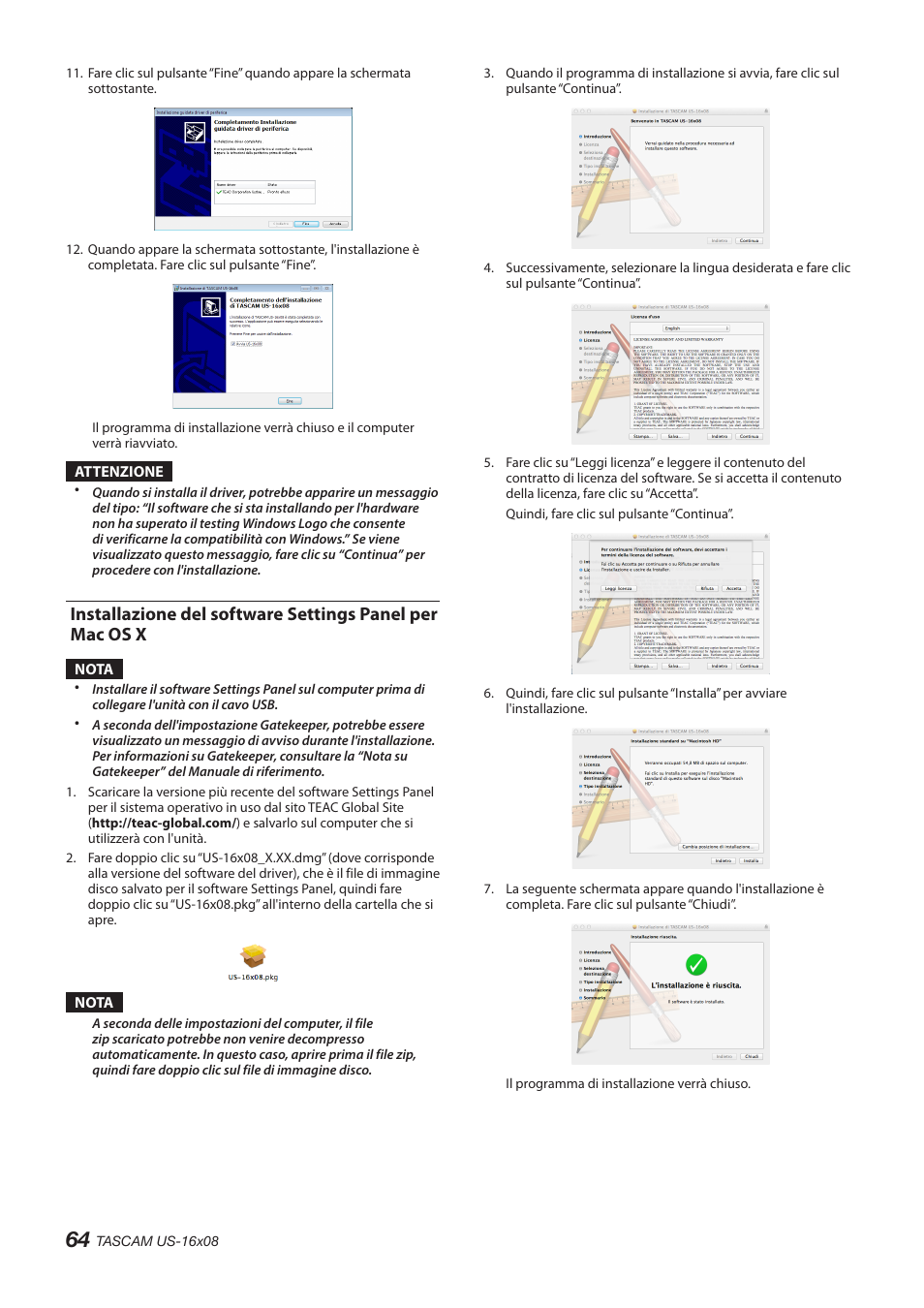 Installazione del software settings panel per, Mac os x | Teac US-16X08 User Manual | Page 64 / 92
