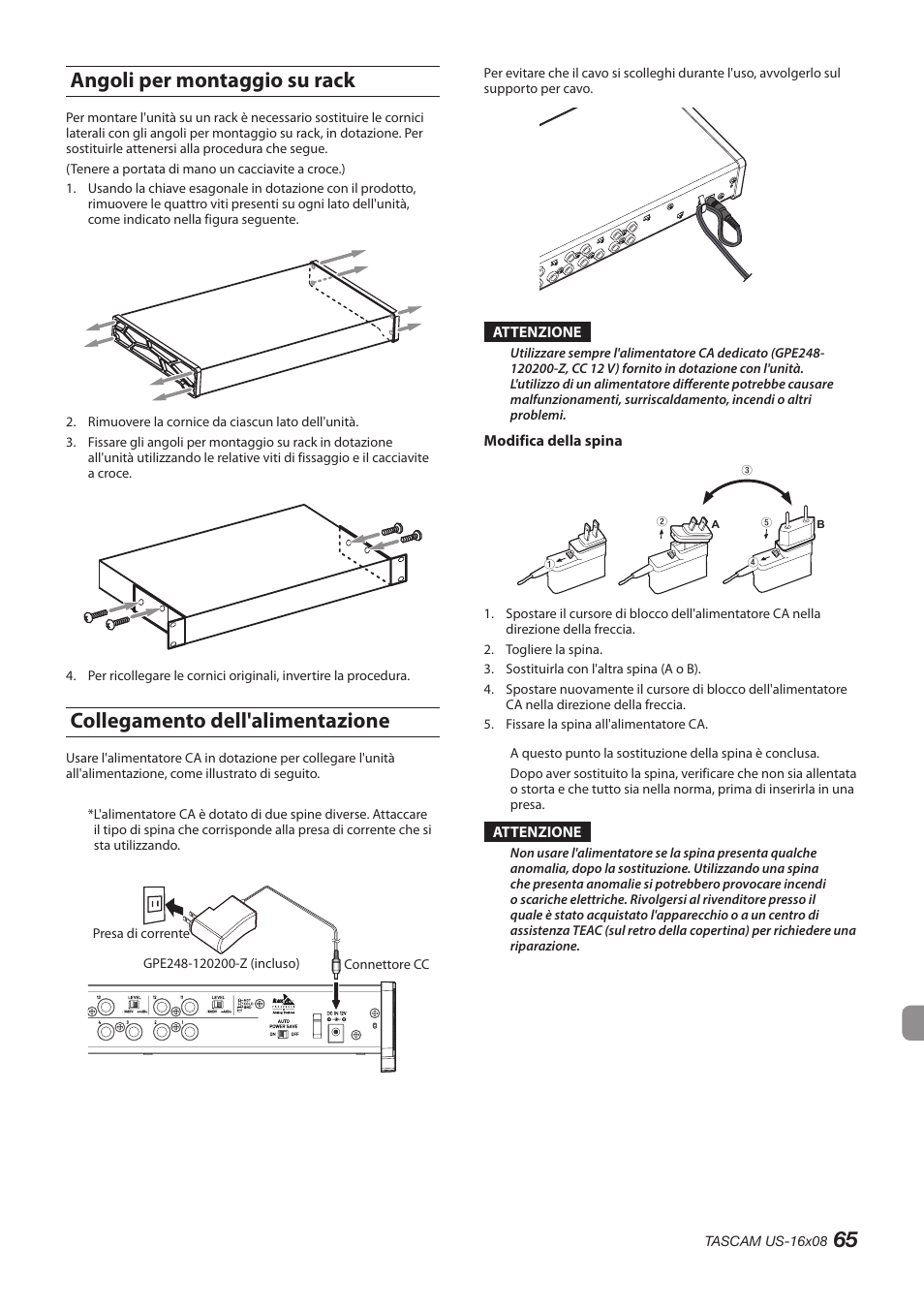 Angoli per montaggio su rack, Collegamento dell'alimentazione, 65 angoli per montaggio su rack | Teac US-16X08 User Manual | Page 65 / 92