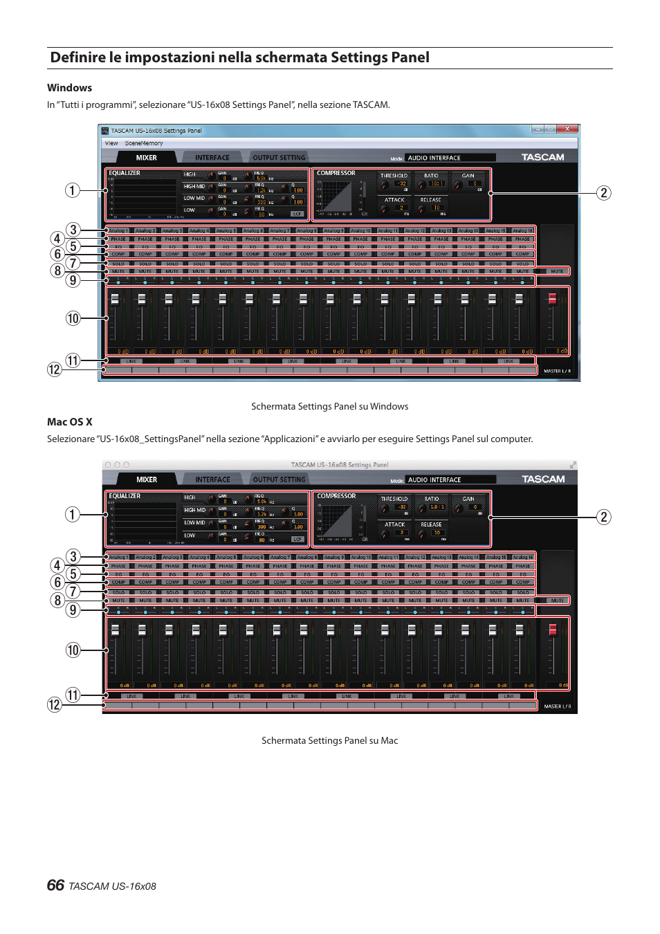 Definire le impostazioni nella schermata settings, Panel | Teac US-16X08 User Manual | Page 66 / 92