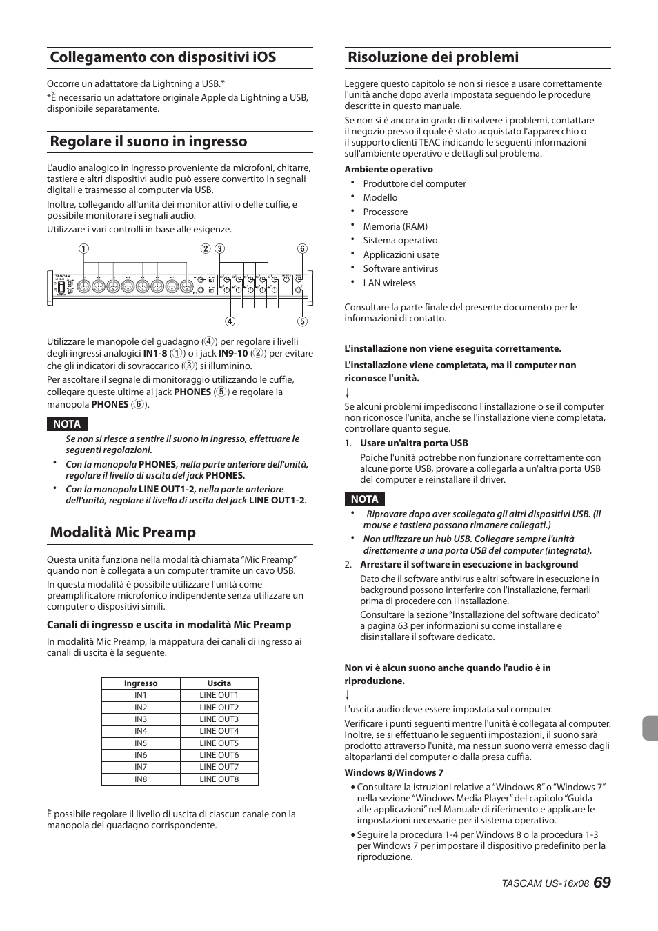 Collegamento con dispositivi ios, Regolare il suono in ingresso, Modalità mic preamp | Risoluzione dei problemi, 69 collegamento con dispositivi ios | Teac US-16X08 User Manual | Page 69 / 92