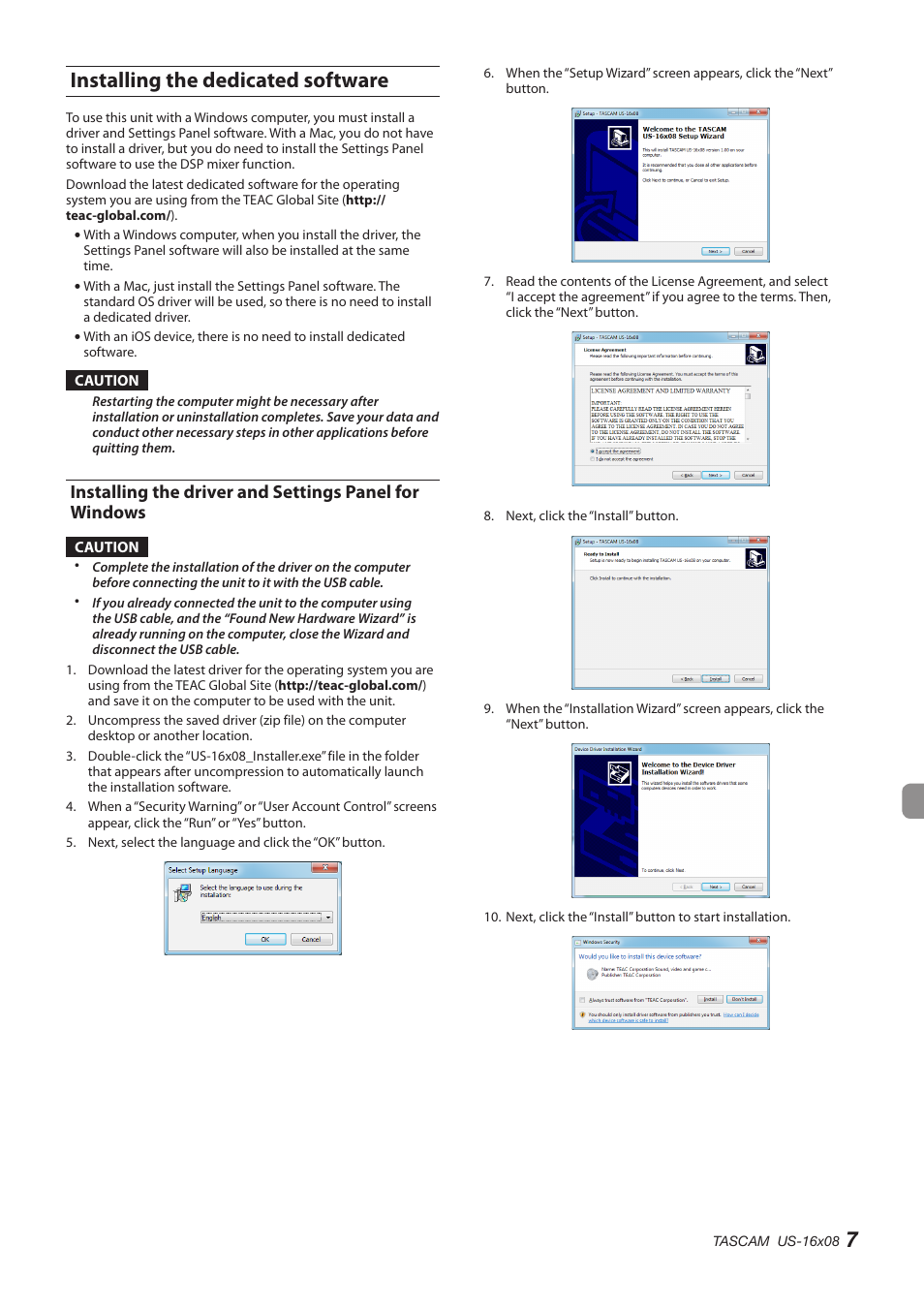 Installing the dedicated software, Installing the driver and settings panel for, Windows | 7installing the dedicated software | Teac US-16X08 User Manual | Page 7 / 92