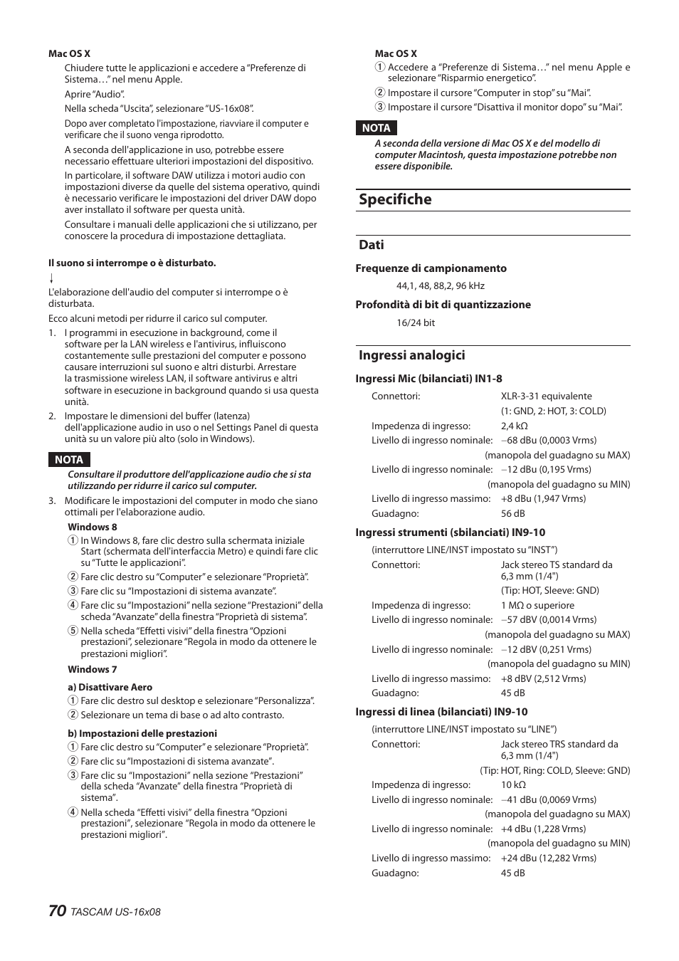 Specifiche, Dati, Ingressi analogici | Dati ingressi analogici | Teac US-16X08 User Manual | Page 70 / 92