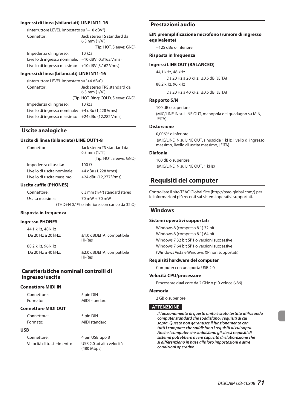 Uscite analogiche, Prestazioni audio, Requisiti del computer | Windows, Uscita prestazioni audio | Teac US-16X08 User Manual | Page 71 / 92