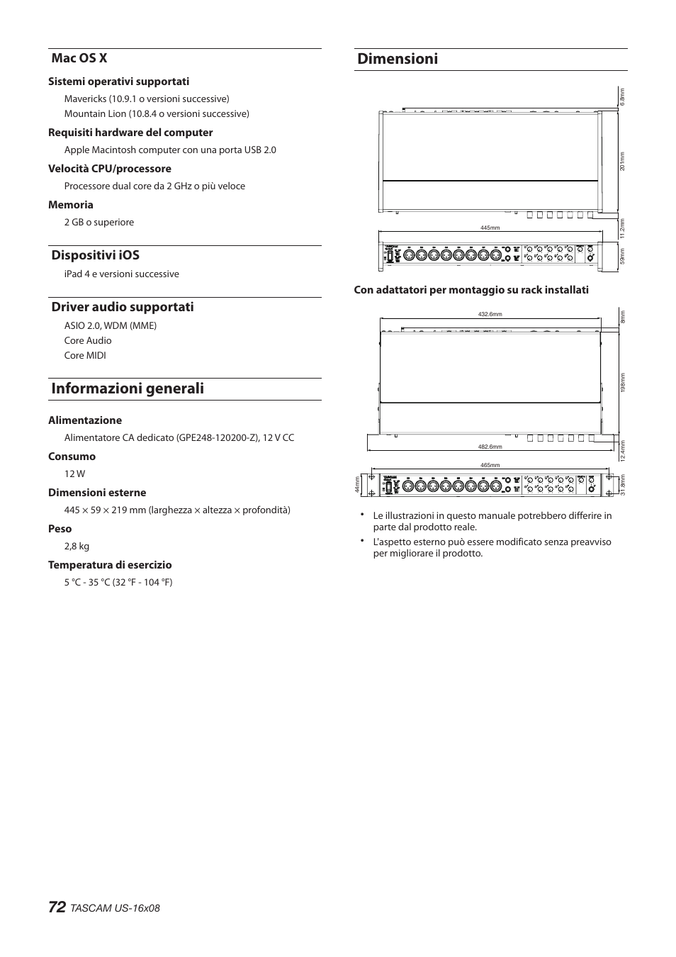 Mac os x, Dispositivi ios, Driver audio supportati | Informazioni generali, Dimensioni, Mac os x dispositivi ios driver audio supportati, Informazioni generali dimensioni | Teac US-16X08 User Manual | Page 72 / 92