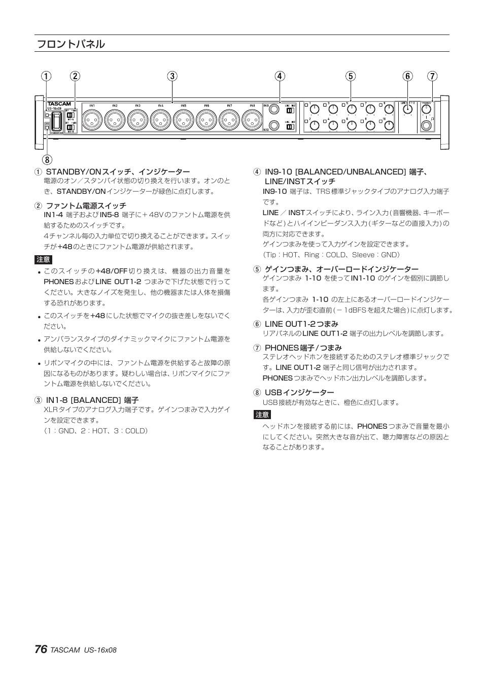 フロントパネル | Teac US-16X08 User Manual | Page 76 / 92