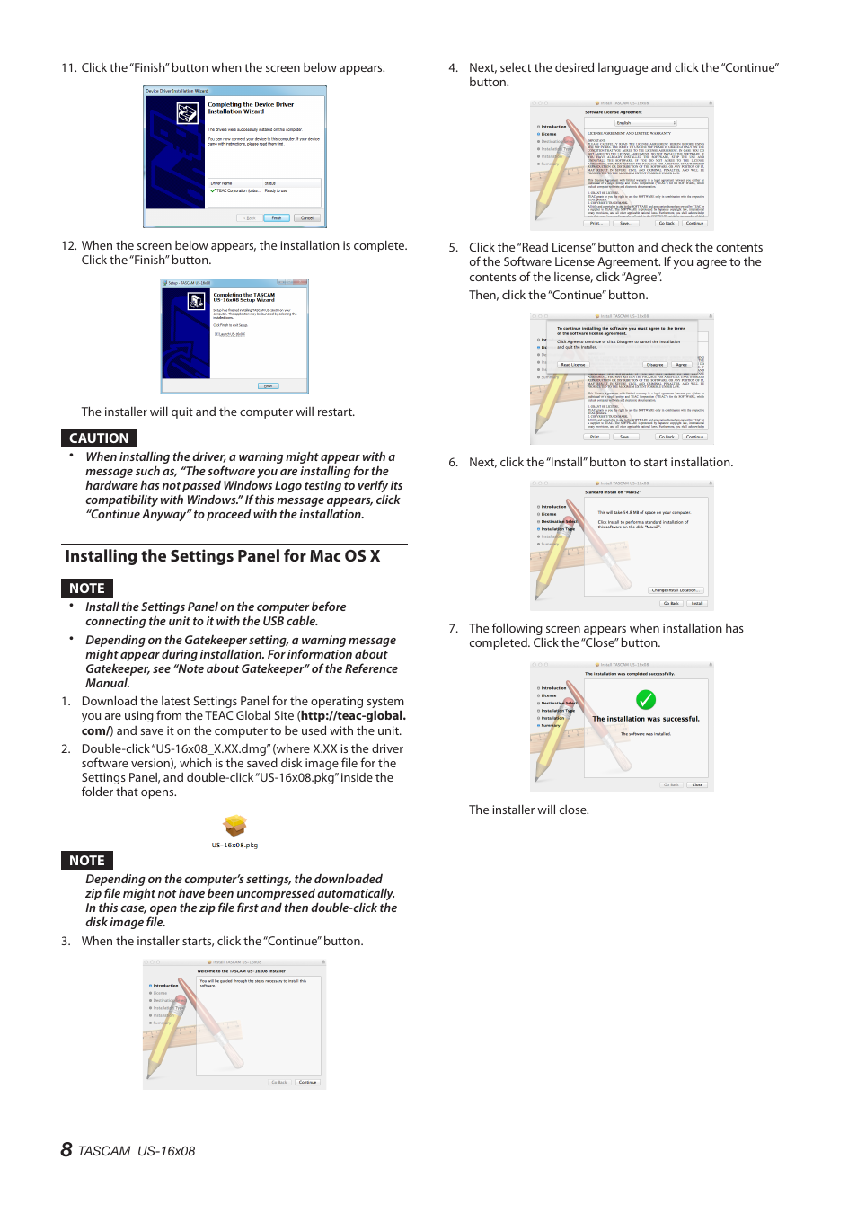 Installing the settings panel for mac os x | Teac US-16X08 User Manual | Page 8 / 92