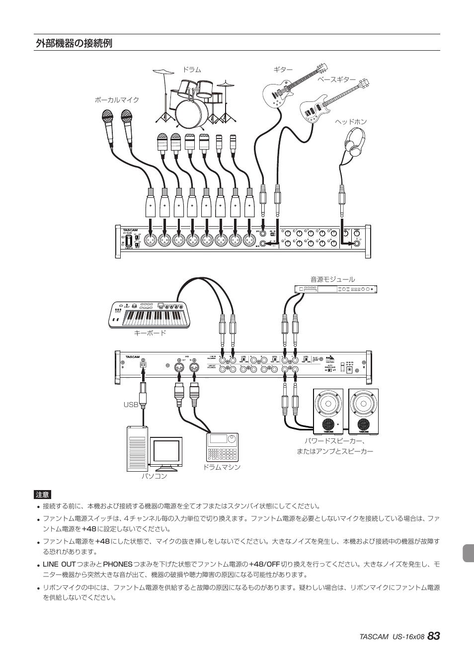 外部機器の接続例 | Teac US-16X08 User Manual | Page 83 / 92